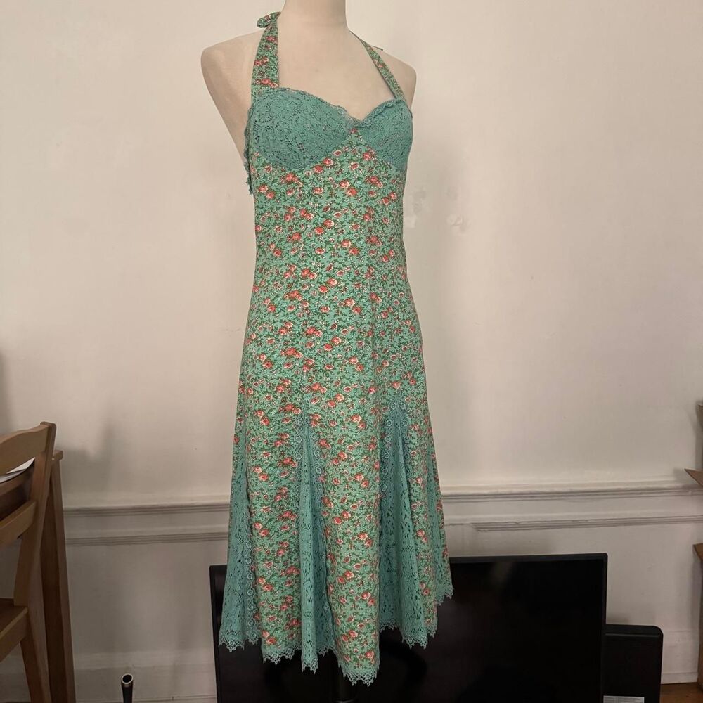 Vintage Betsey Johnson Teal Floral Halter Midi Lace Slip Dress Size 6 Y2K